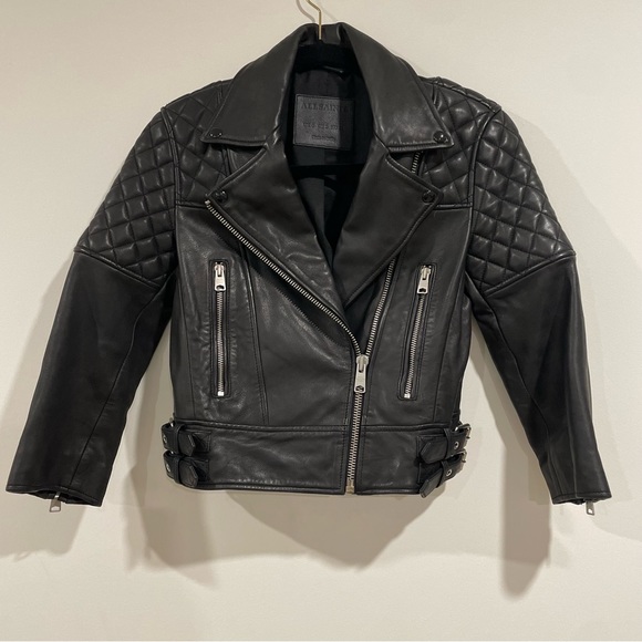 AllSaints Beattie Biker black leather jacket cropped 3/4 sleeves size 2 moto zip - Picture 2 of 3